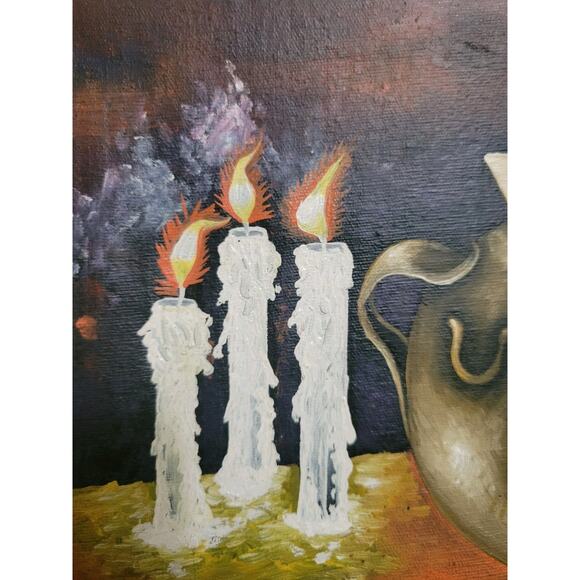 Still Life Burning Candles Spooky painting on canvas Haloween Signed By Artist - Picture 6 of 7